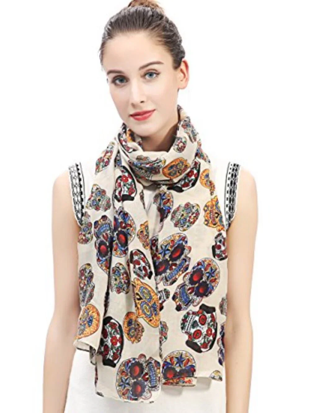 Day of the Dead Sugar Skull Print Large Scarf Shawl Lightweight Polyester